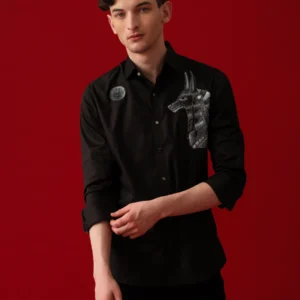 BLACK WOLF AND MOON HAND PAINTED & EMBROIDERED SHIRT