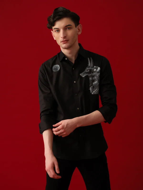BLACK WOLF AND MOON HAND PAINTED & EMBROIDERED SHIRT